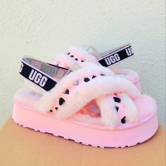 NWOT UGG FLUFF DISCO CROSS ANIMALIA SLIDE PLATFORM SANDALS SIZE 12