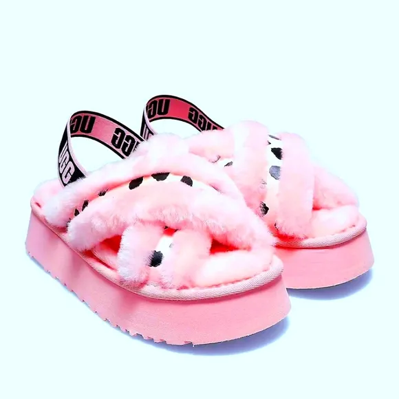 NWOT UGG FLUFF DISCO CROSS ANIMALIA SLIDE PLATFORM SANDALS SIZE 12