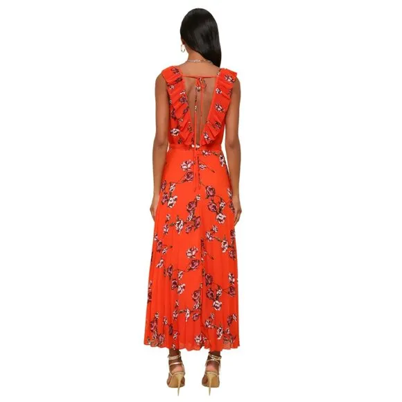 NWT Lulus Loved By You Red Orange Floral Print Pleated Chiffon Maxi Dress XS