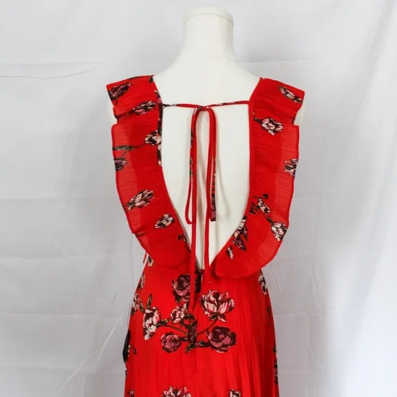 NWT Lulus Loved By You Red Orange Floral Print Pleated Chiffon Maxi Dress XS