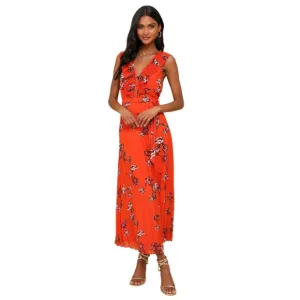 NWT Lulus Loved By You Red Orange Floral Print Pleated Chiffon Maxi Dress XS