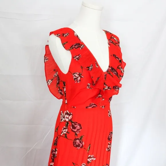 NWT Lulus Loved By You Red Orange Floral Print Pleated Chiffon Maxi Dress XS