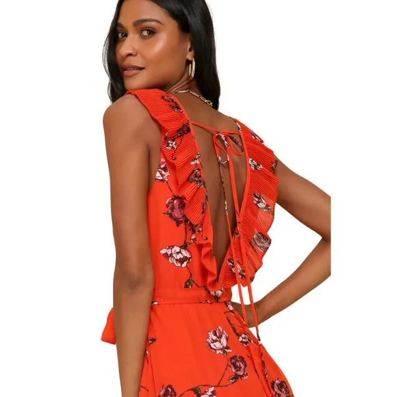 NWT Lulus Loved By You Red Orange Floral Print Pleated Chiffon Maxi Dress XS
