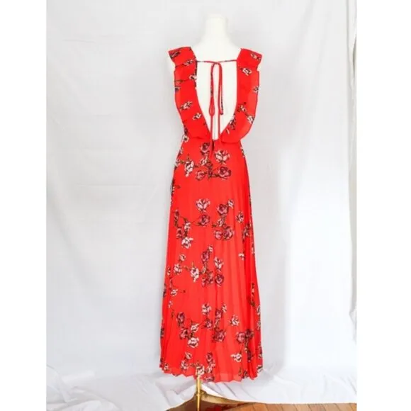 NWT Lulus Loved By You Red Orange Floral Print Pleated Chiffon Maxi Dress XS