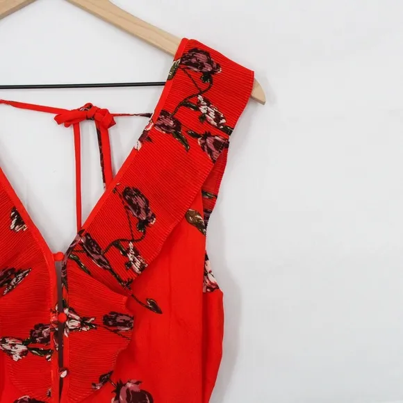 NWT Lulus Loved By You Red Orange Floral Print Pleated Chiffon Maxi Dress XS