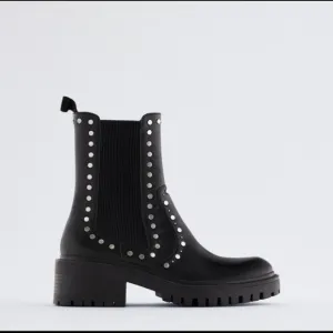 NWT Zara black lug  moto ankle boots silver accent fall winter