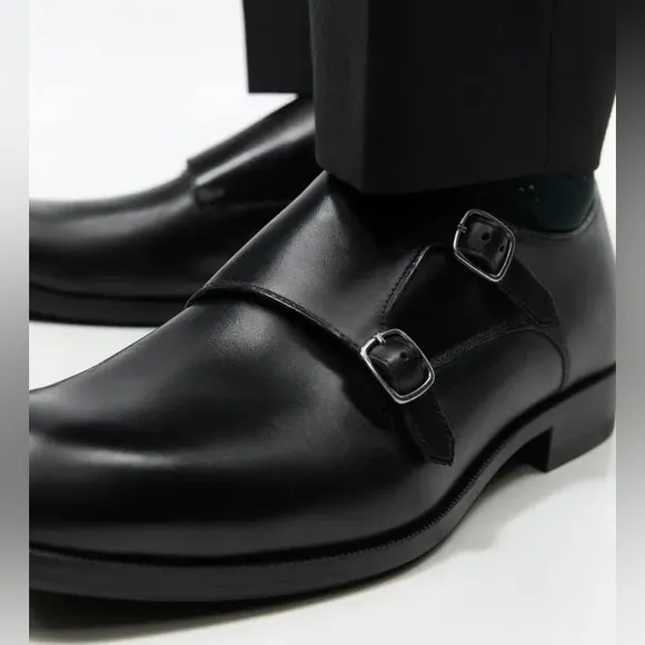 NWT. Zara Man  Black Leather Monk Style Shoes. Size 10.