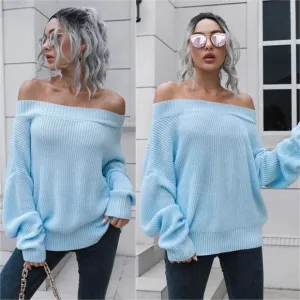 Off-Shoulder Comfort Ribbed Sweater - Blue