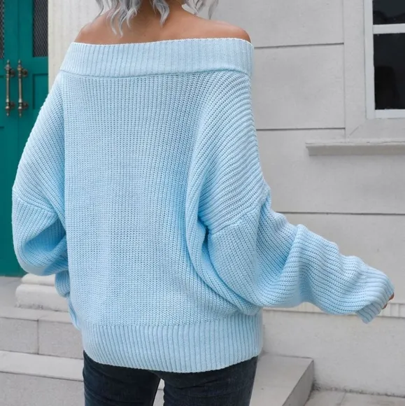 Off-Shoulder Comfort Ribbed Sweater - Blue