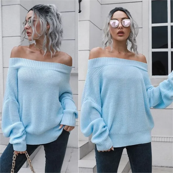 Off-Shoulder Comfort Ribbed Sweater - Blue