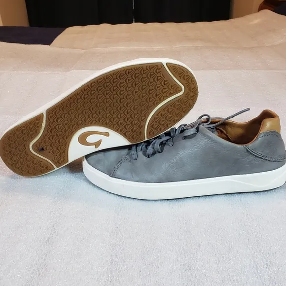Olukai Lae'ahi Li 'Ili Men's 8 Marbled Gray Leather Lace Up Sneakers Shoes Flaws