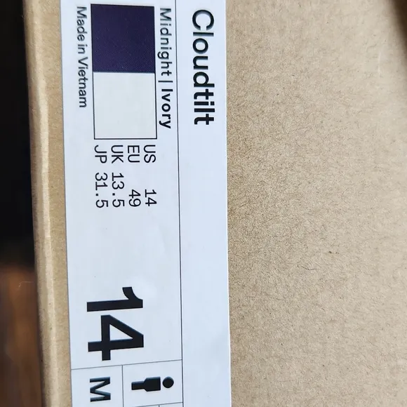 On cloud, Cloudtilt Running Shoes, Men's size 14. New with box.  Midnight/ivory.