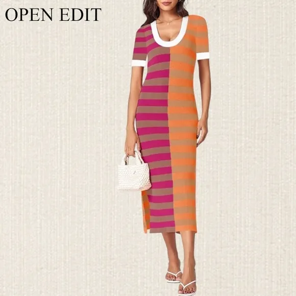 OPEN EDIT Striped ColorBlock Short Sleeve Lightweight Knitted Midi Dress