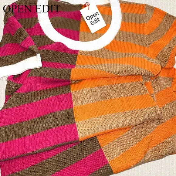 OPEN EDIT Striped ColorBlock Short Sleeve Lightweight Knitted Midi Dress