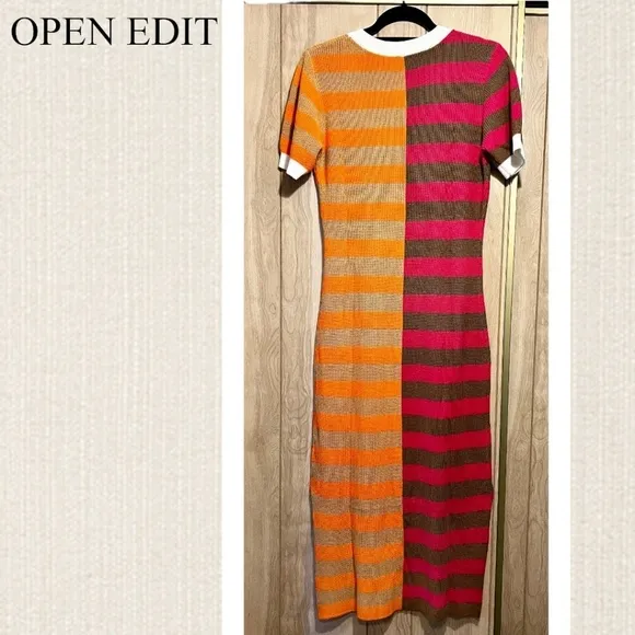 OPEN EDIT Striped ColorBlock Short Sleeve Lightweight Knitted Midi Dress