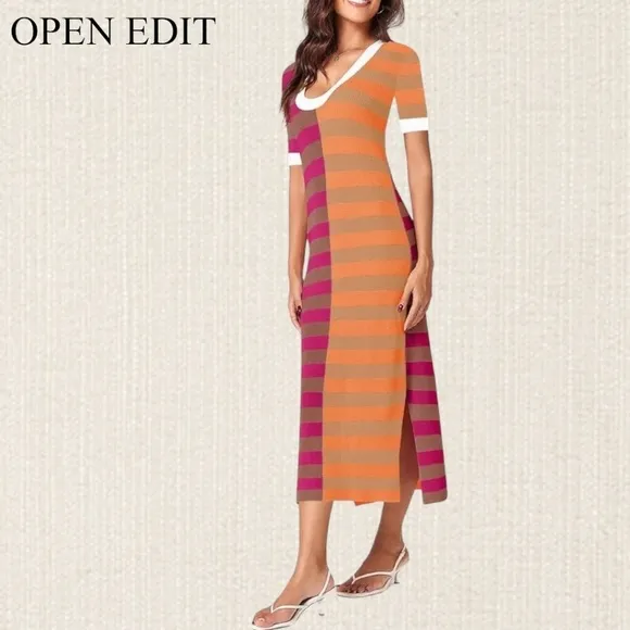 OPEN EDIT Striped ColorBlock Short Sleeve Lightweight Knitted Midi Dress