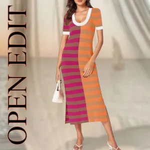 OPEN EDIT Striped ColorBlock Short Sleeve Lightweight Knitted Midi Dress