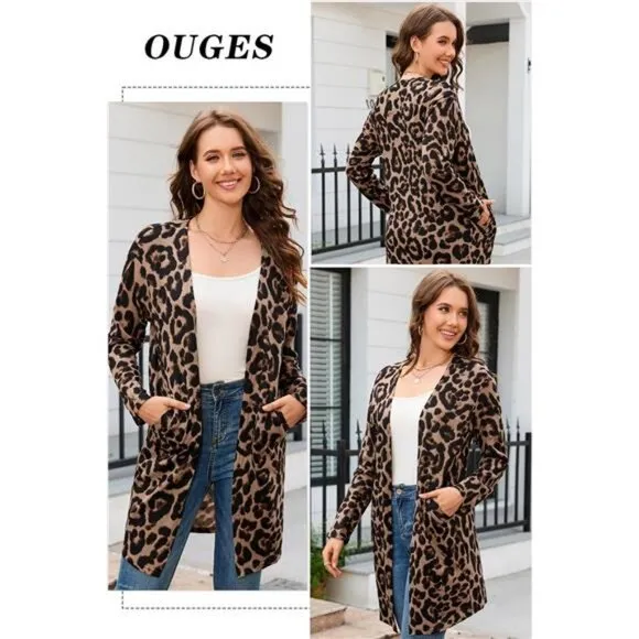 OUGES Women's Open Front Cardigan Shirt with Pockets Long Sleeve Lightweight