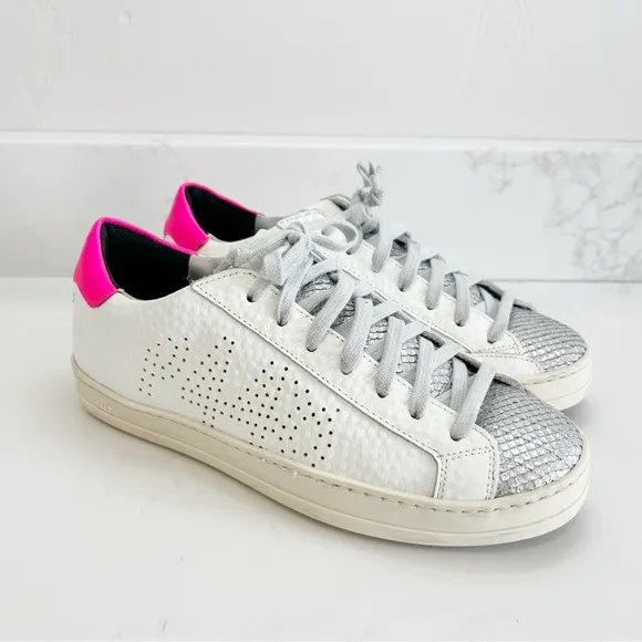 P448 Women's Shoes John Peakary White Silver Lace Up Sneakers 37 EU / 7 US