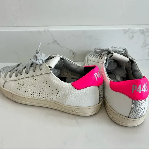 P448 Women's Shoes John Peakary White Silver Lace Up Sneakers 37 EU / 7 US