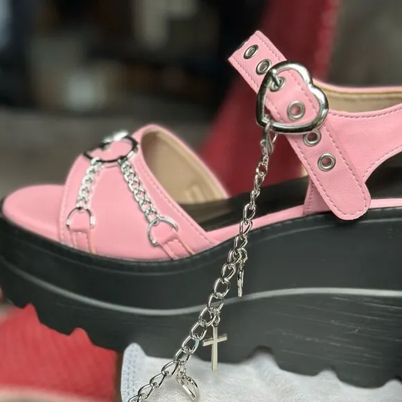 Pink and Black Platform Sandals with Floral Straps