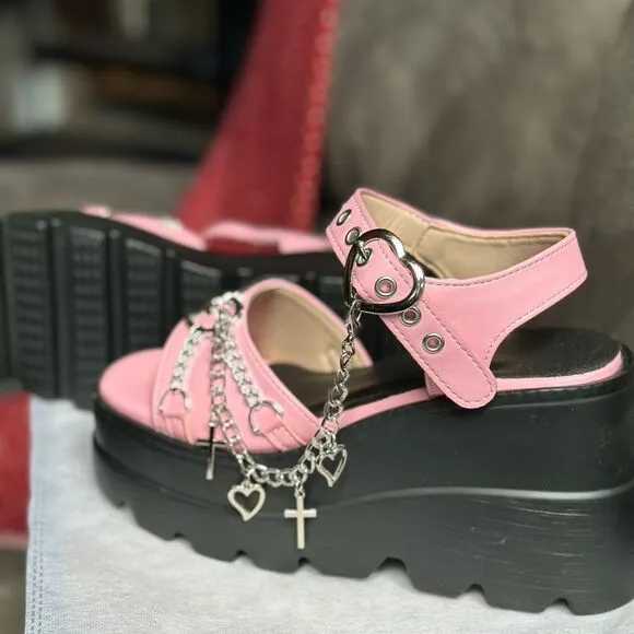 Pink and Black Platform Sandals with Floral Straps