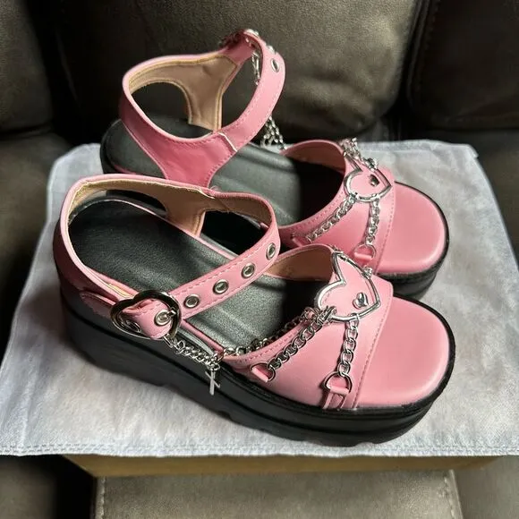 Pink and Black Platform Sandals with Floral Straps