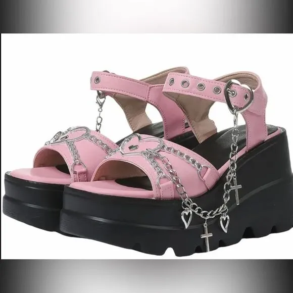 Pink and Black Platform Sandals with Floral Straps