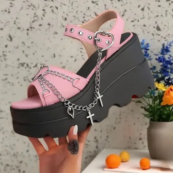 Pink and Black Platform Sandals with Floral Straps