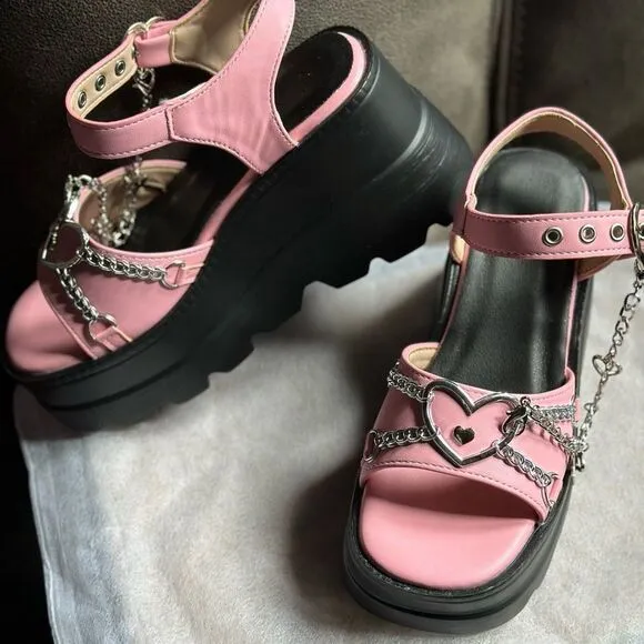 Pink and Black Platform Sandals with Floral Straps