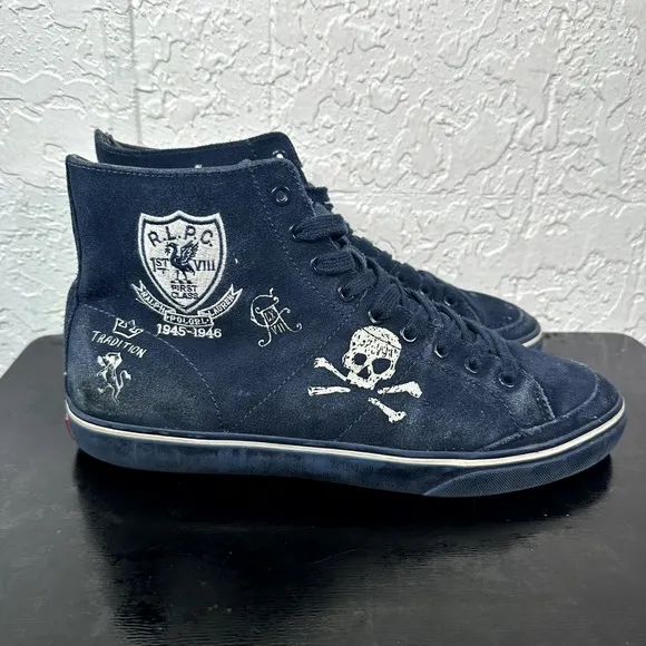 Polo Ralph Lauren Solomon Mens 11 D‎ Shoes Blue Suede Sneakers Skull Crown NY