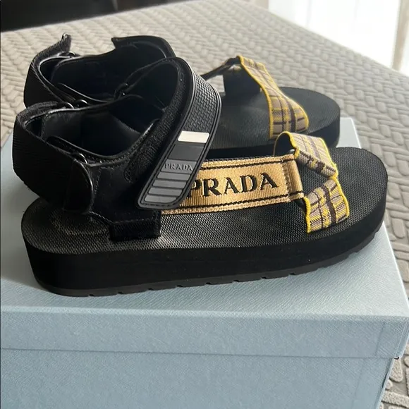 Prada Black and Yellow Plaid Sandals