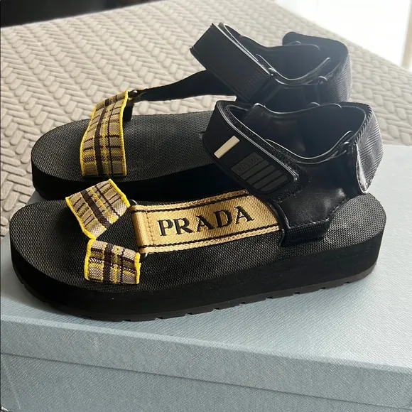 Prada Black and Yellow Plaid Sandals