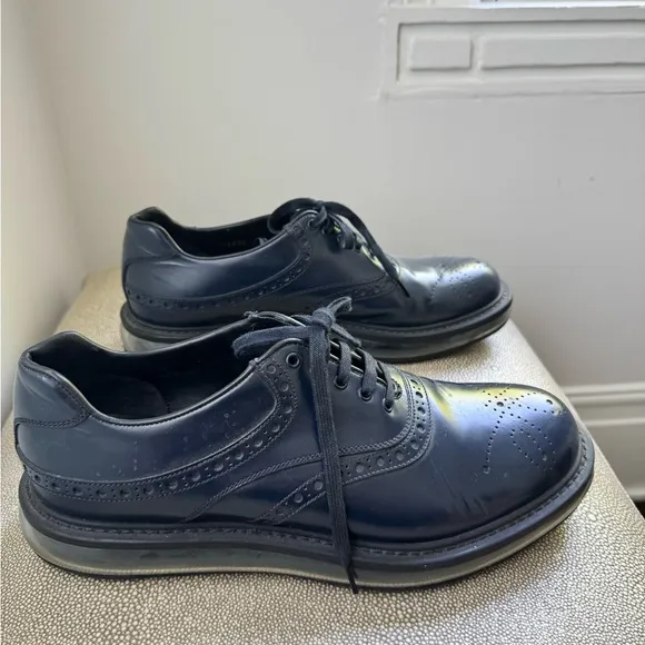 Prada Navy Leather Oxford Shoes with Brogue Detailing size 8