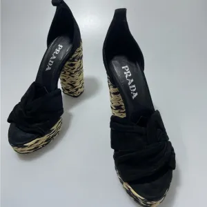 Prada Raffia Platform Knotted Sandals Suede Tan Black Women’s EU 36/US 6