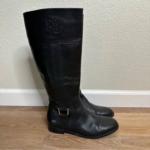 Ralph Lauren 100% Leather Black Bernadine Tall Women's Boots, Size 7.5