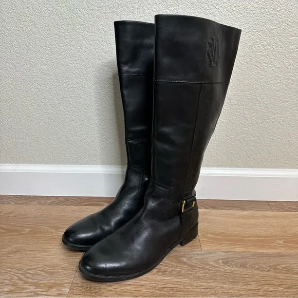 Ralph Lauren 100% Leather Black Bernadine Tall Women's Boots, Size 7.5