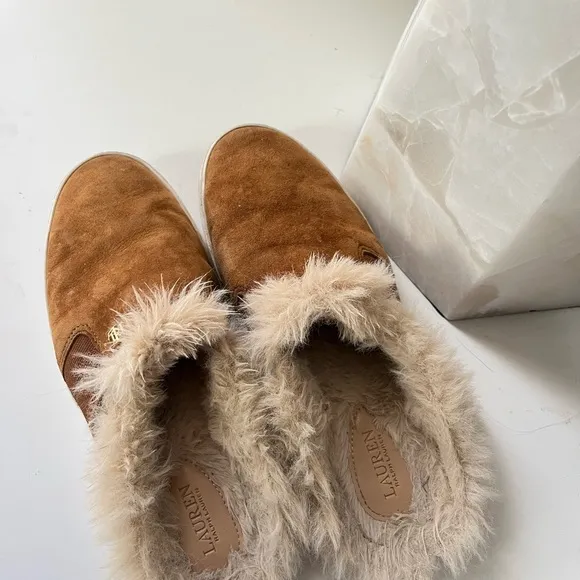 Ralph Lauren Shearling Fur Tan Suede slides mules