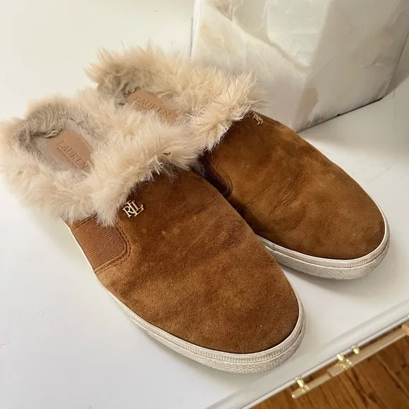 Ralph Lauren Shearling Fur Tan Suede slides mules