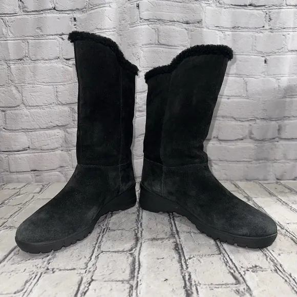 Ralph Lauren Tadina Mid-Calf Winter Boots Womens Size 8.5B Black Nubuck Lamb Fur