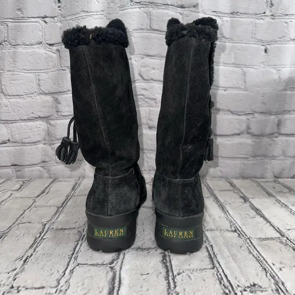 Ralph Lauren Tadina Mid-Calf Winter Boots Womens Size 8.5B Black Nubuck Lamb Fur