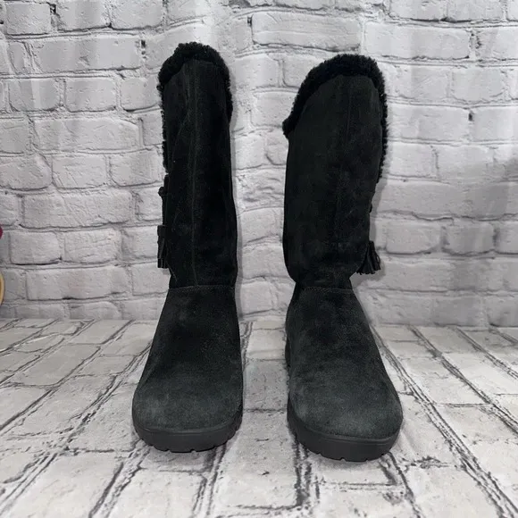 Ralph Lauren Tadina Mid-Calf Winter Boots Womens Size 8.5B Black Nubuck Lamb Fur