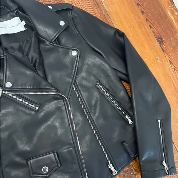 Rebecca Minkoff Black Faux Leather Moto Biker Silver Zipper Jacket Small GUC