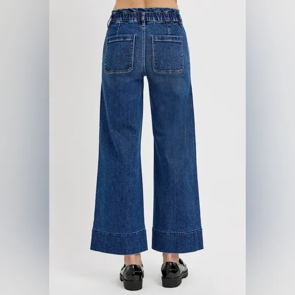 RISEN Elastic Waist High-Rise Retro Mom Jeans Relaxed Fit Wide Leg Denim Pants
