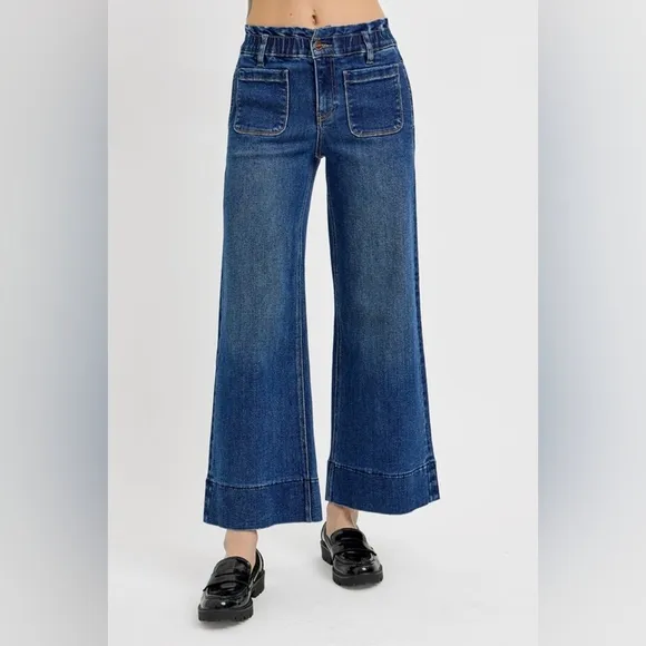 RISEN Elastic Waist High-Rise Retro Mom Jeans Relaxed Fit Wide Leg Denim Pants