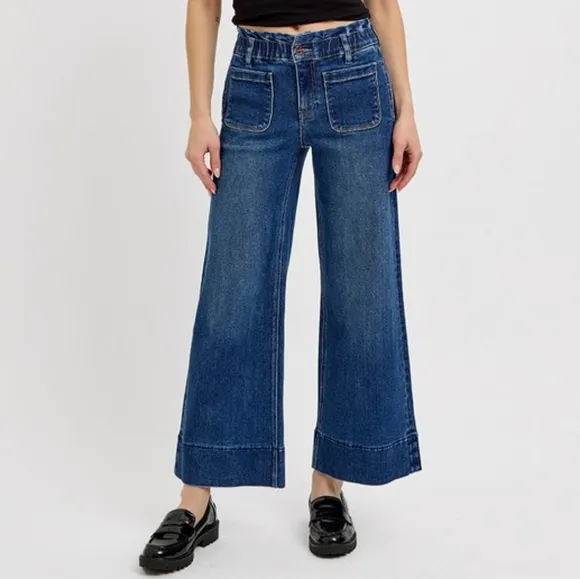 RISEN Elastic Waist High-Rise Retro Mom Jeans Relaxed Fit Wide Leg Denim Pants