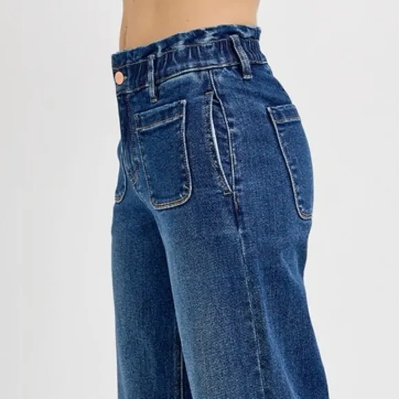 RISEN Elastic Waist High-Rise Retro Mom Jeans Relaxed Fit Wide Leg Denim Pants