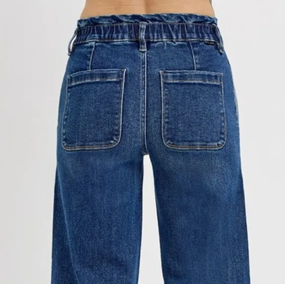 RISEN Elastic Waist High-Rise Retro Mom Jeans Relaxed Fit Wide Leg Denim Pants