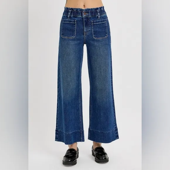RISEN Elastic Waist High-Rise Retro Mom Jeans Relaxed Fit Wide Leg Denim Pants