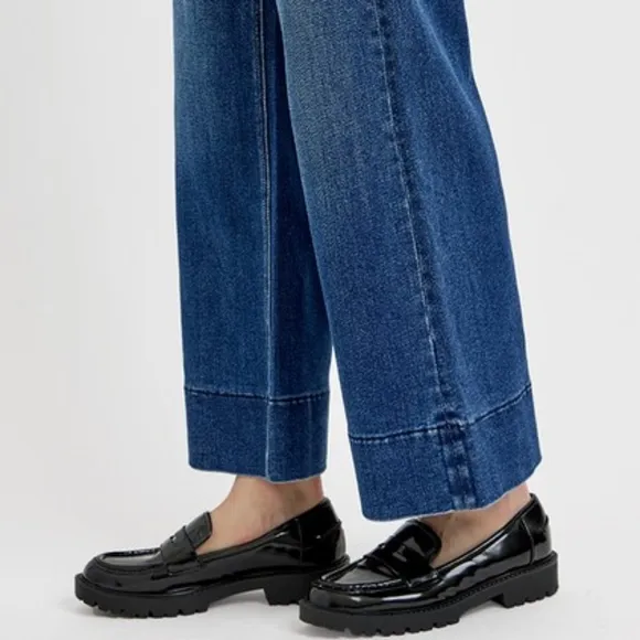 RISEN Elastic Waist High-Rise Retro Mom Jeans Relaxed Fit Wide Leg Denim Pants